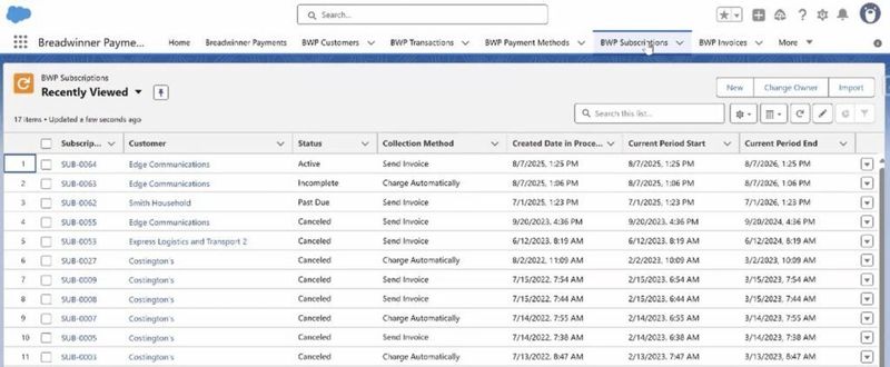 Breadwinner Payments imported Subscriptions inside Salesforce_