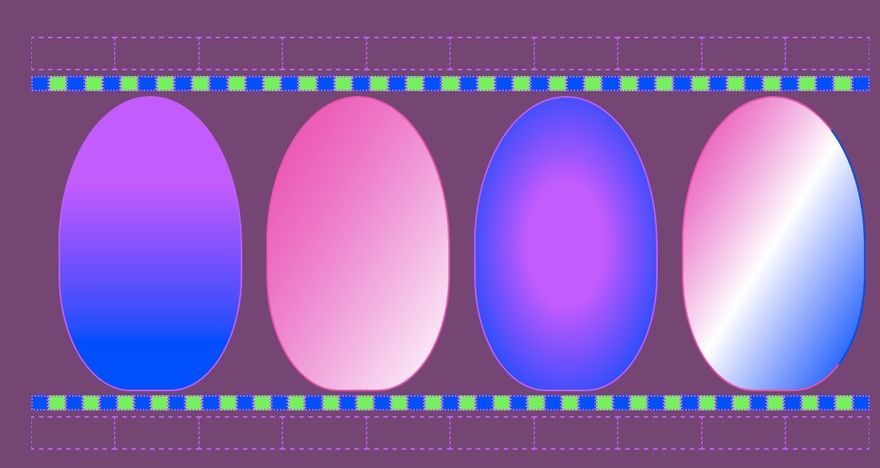 4 eggs, one egg that is purple at the top and changes to blue towards, one eggs is purple in the center and change to blue. One pink and white egg. one eggs goes from pink to white to blue
