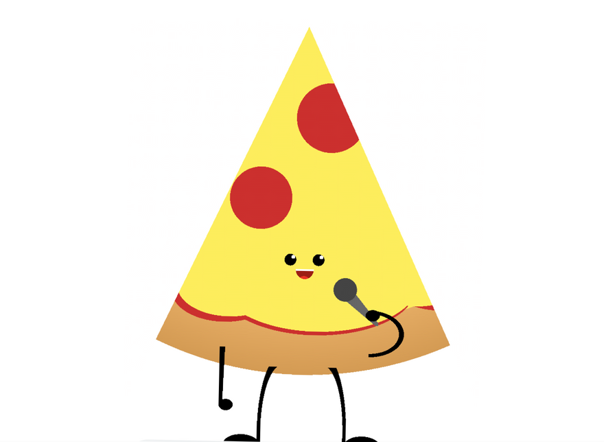 A cartoon of a pizza holding a microphone, singing, and dancing