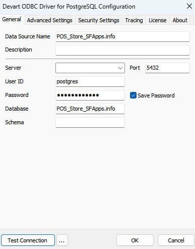 Devart PostgreSQL ODBC Driver Setup dialog