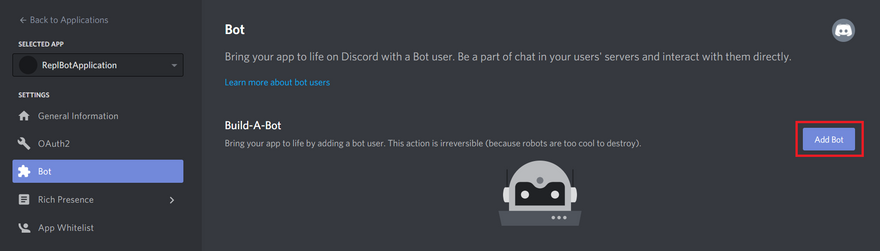 **Image: 3** *Adding a bot to our Discord Application*