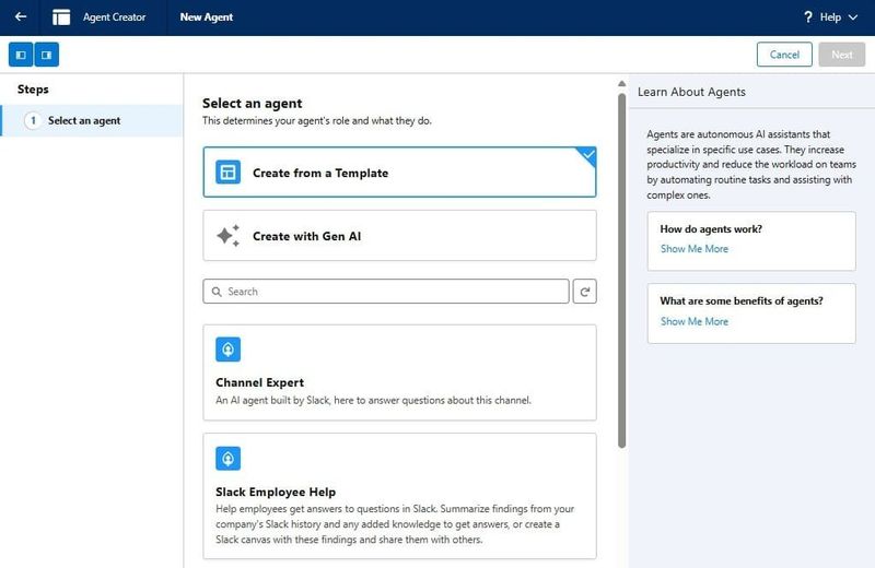 Template selection menu for creating an AI agent