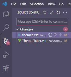 Git panel open in VS Code with 2 files changed