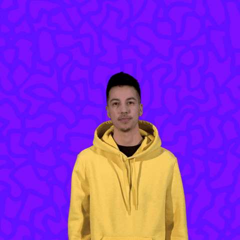 Person saying "hey" as the word appears over their head. There is a purple background and the words appear over their head stylized like a comic or pop art. It has a very 90's aesthetic!