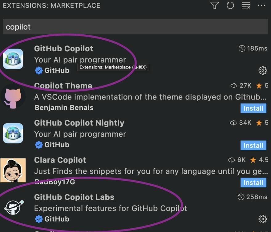 Highlights the Copilot Labs extension and the Copilot extension