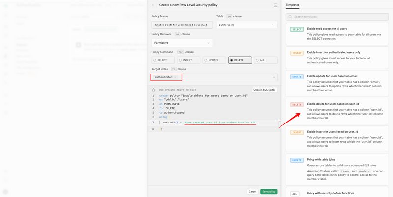Add delete record policy for specific auth user