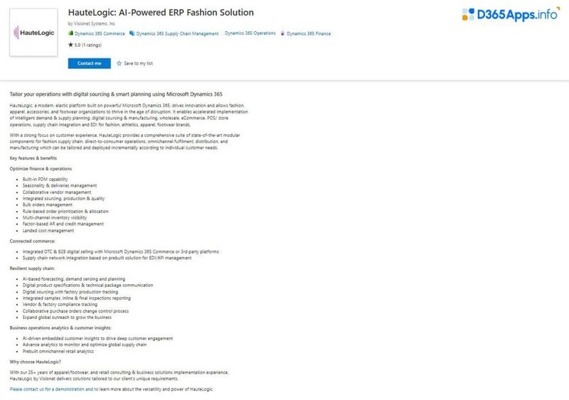 Dynamics Apps Retail Consumer Goods Industry HauteLogic AI-Powered ERP Fashion Solution