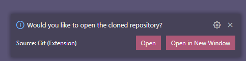 Toast notification in VS Code asking to open the new repository
