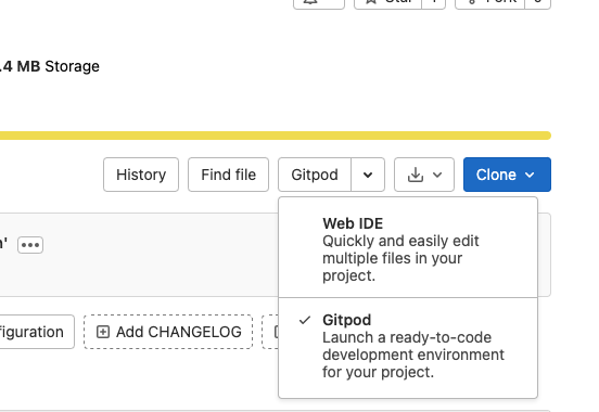 showing where the gitpod dropdown menu is