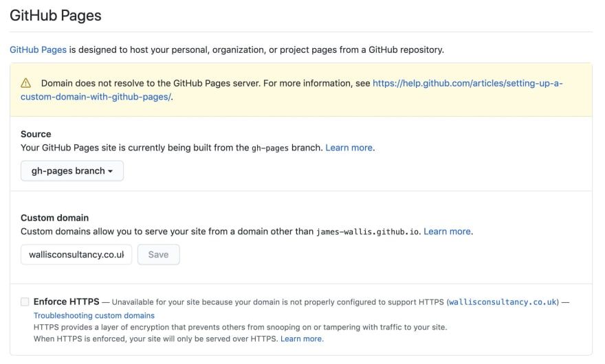 GitHub Pages settings with a custom domain