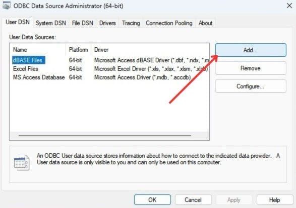 Main view of ODBC Data Source Administrator