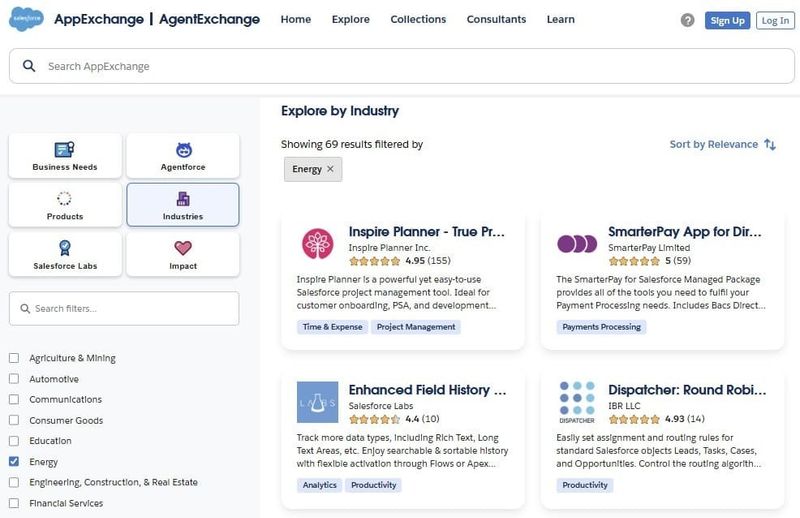 Industry selection on AppExchange