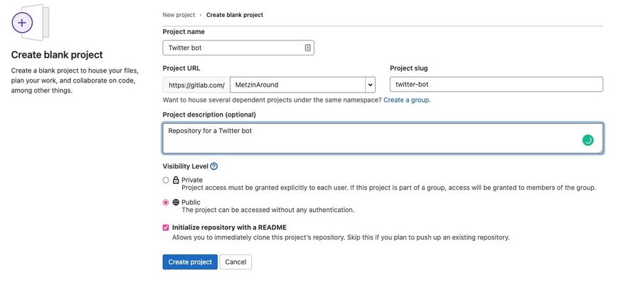 A screenshot of the create project page. The fields are filled in and the readme box is checked.