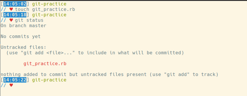 touch git_practice.rb, then git status
