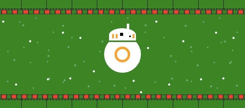 bb-8 on a green ugly sweater. It is snowing.