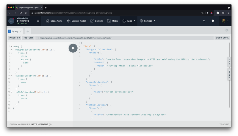 A screenshot of the GraphQL playground in Contentful showing the result of the query described above.