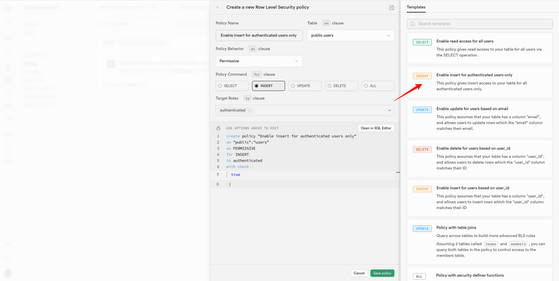 Add insert record policy for user's table
