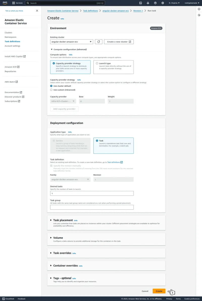 Amazon ECS - Create run task