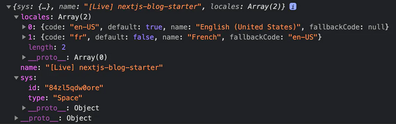 A browser console log output showing the data space data received from the API.
