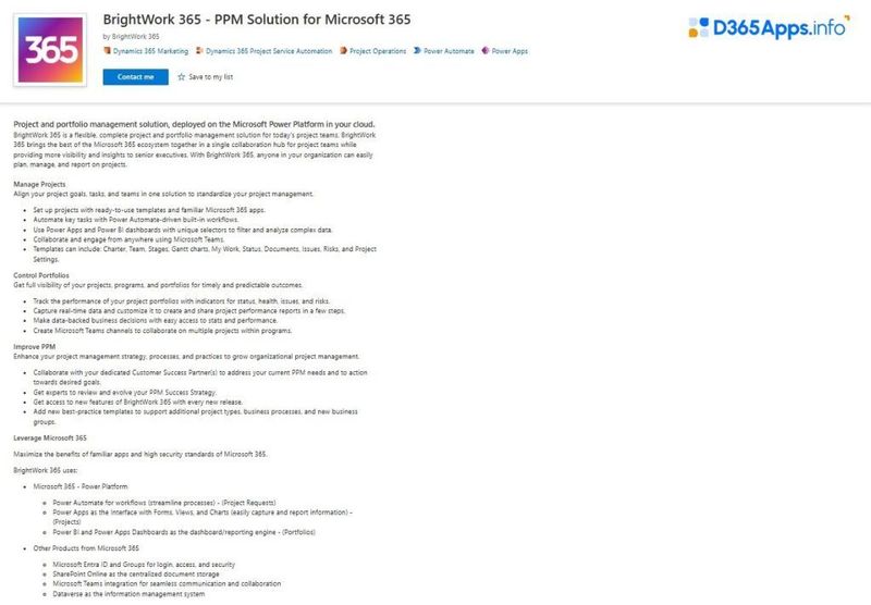 Top Collaboration Dynamics 365 Apps BrightWork 365 – PPM Solution for Microsoft 365