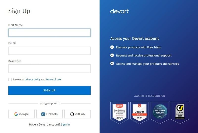 Devart’s Authorization Page