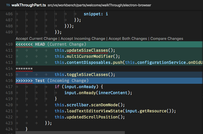 Merge conflict being highlighted in Visual Studio Code