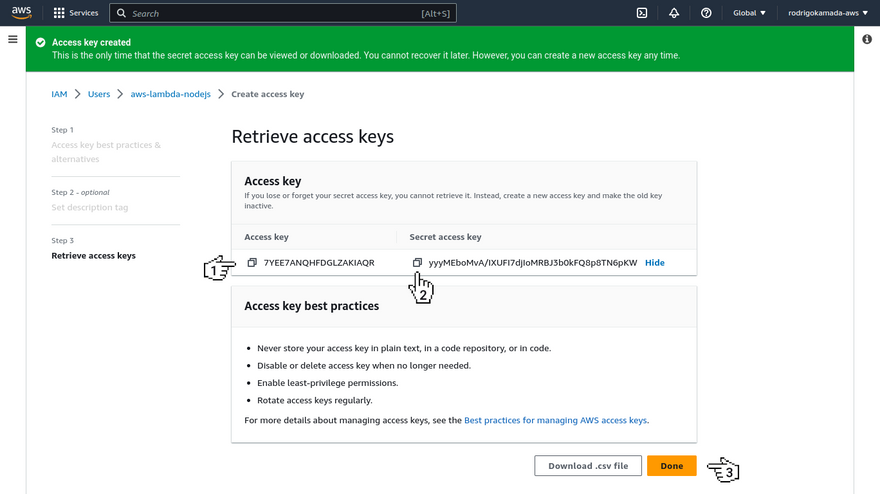 AWS Lambda - Retrieve access keys