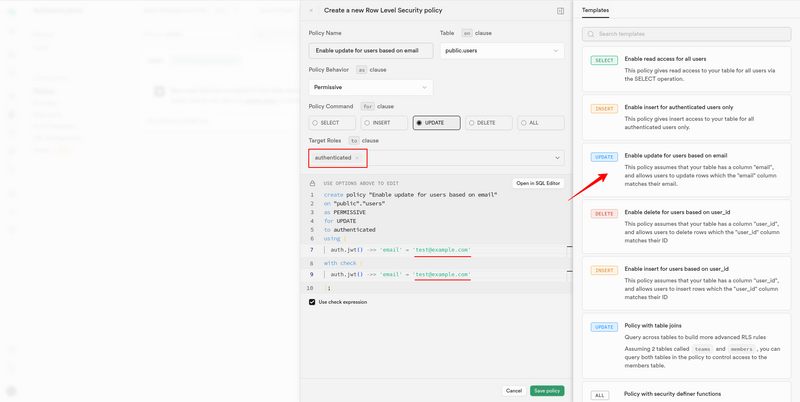 Add update record policy for specific auth user
