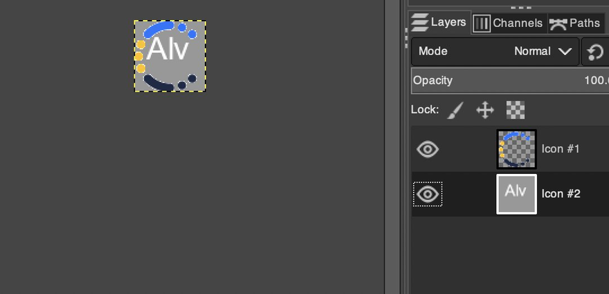 Screenshot of GIMP, and image editor, with an icon open. It has two layers, one with the CyberSource logo and another with the letters Alv