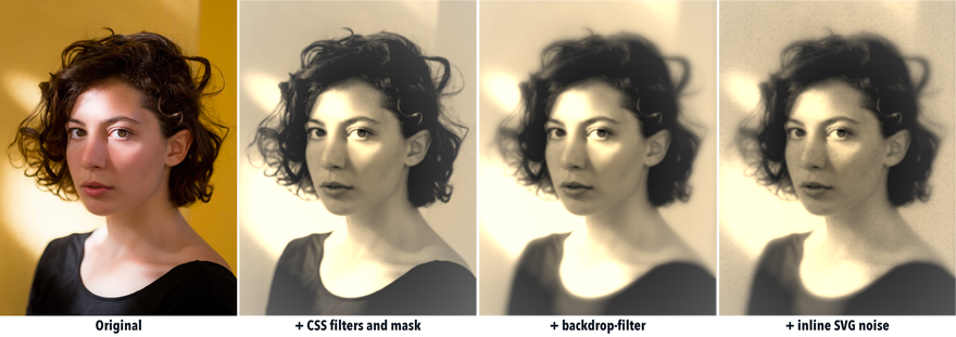 The same photo of a woman in 4 different ways: normal, then after applying filters and mask, then after adding pseudo-elements, and finally after using SVG