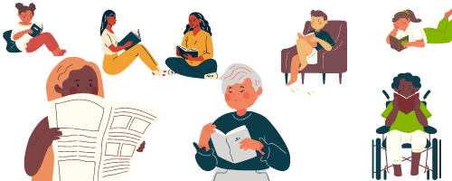 Lots and lots of different people of different ages, colors, and abilities reading books