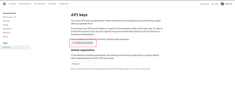 API Key generation screen
