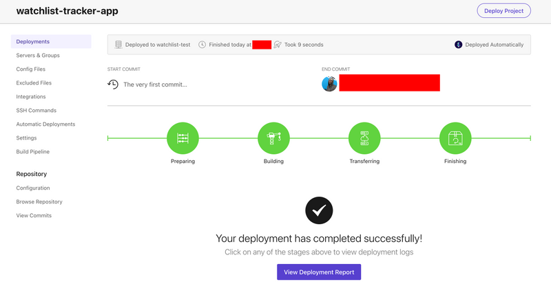 DeployHQ successful deployment screen