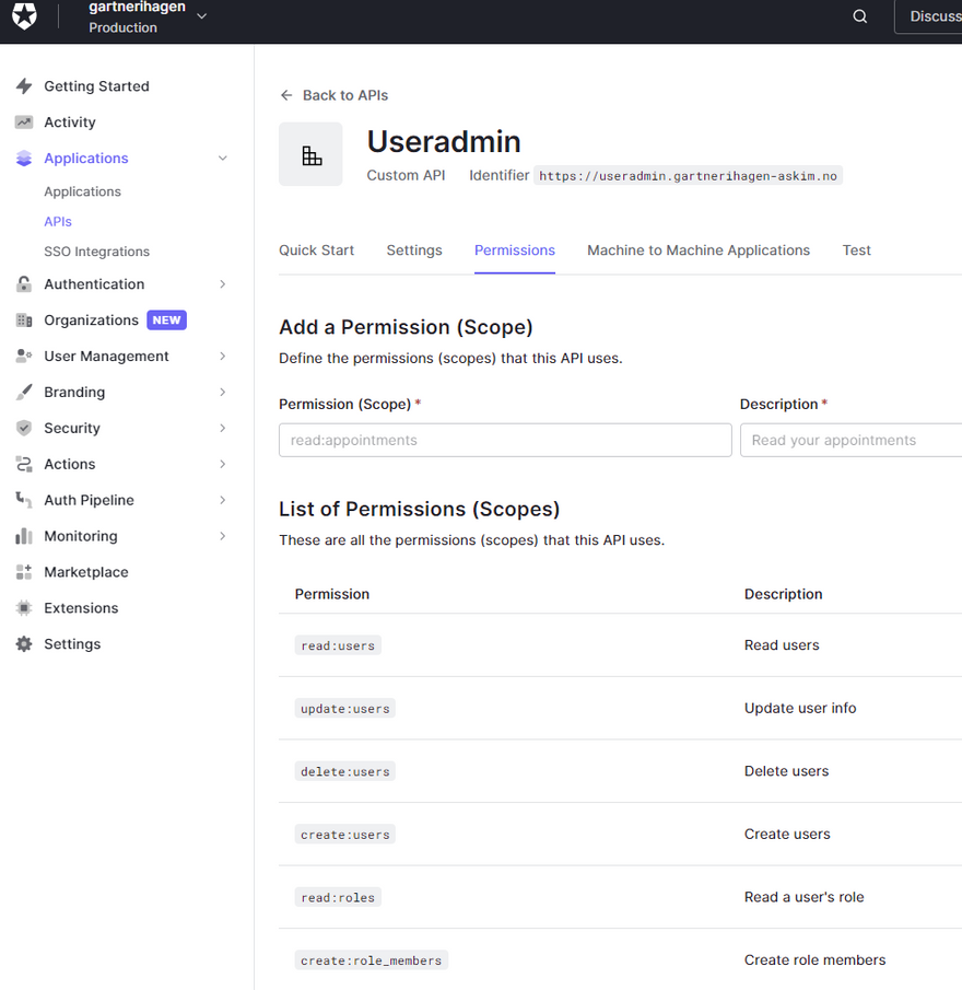 Screenshot showing the Useradmin API and all the permissions we have set up.