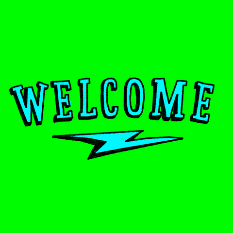 The word welcome flashing in different colors on a green background with a lightning bolt underneath