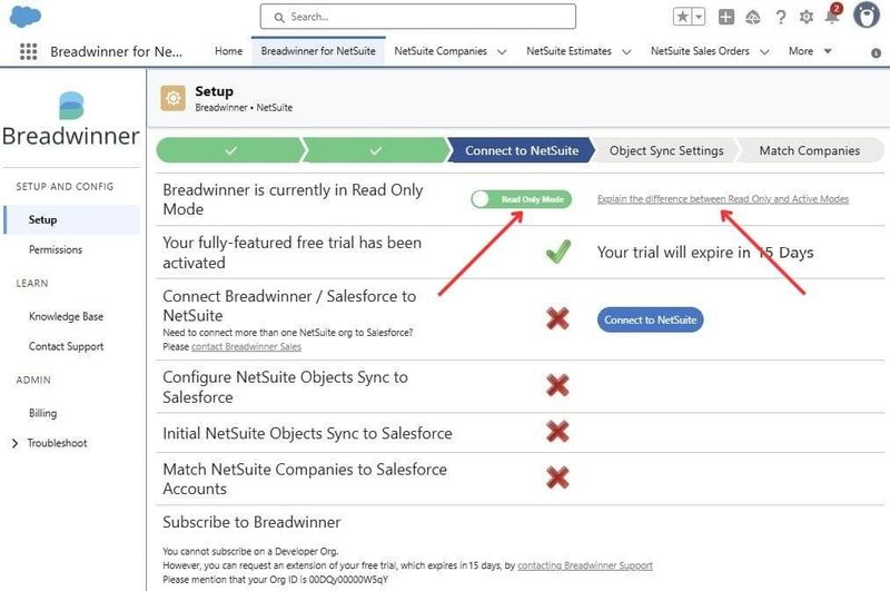 Switching between Read Only and Active Mode in Breadwinner for NetSuite