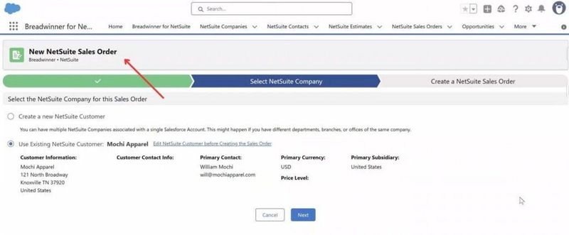 Example of creating a NetSuite Sales Order within Salesforce