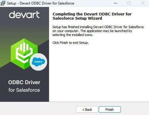 Confirmation of successful installation for ODBC Driver for Salesforce Setup Wizard