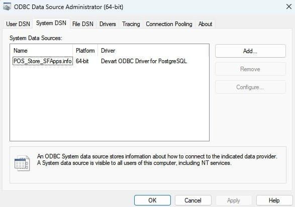DSN in ODBC Data Source Administrator with the PostgreSQL Driver