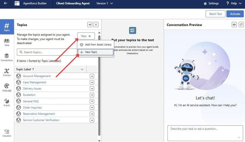 Creating new topic for the newly created Client Onboarding Agent