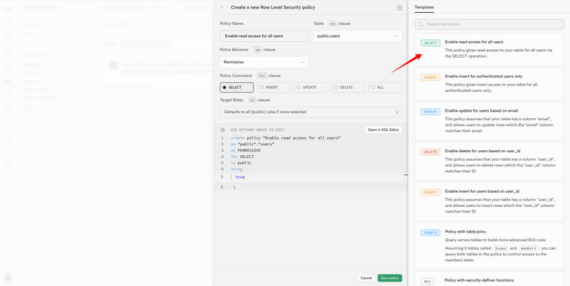 Add select record policy for the user's table