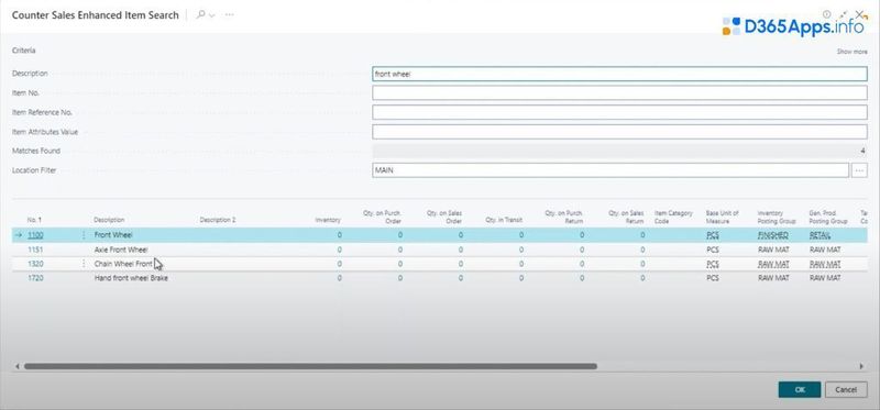Counter Sales MS Dynamics Review Advanced Item Search