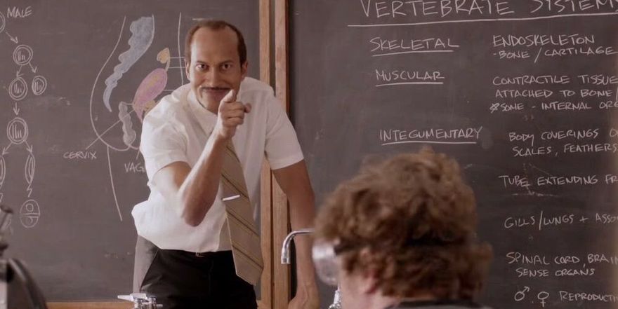 Screenshot from a sketch titled "Substitute teacher" from Key and Peele. A teacher looks threatening while pointing a finger to a student.