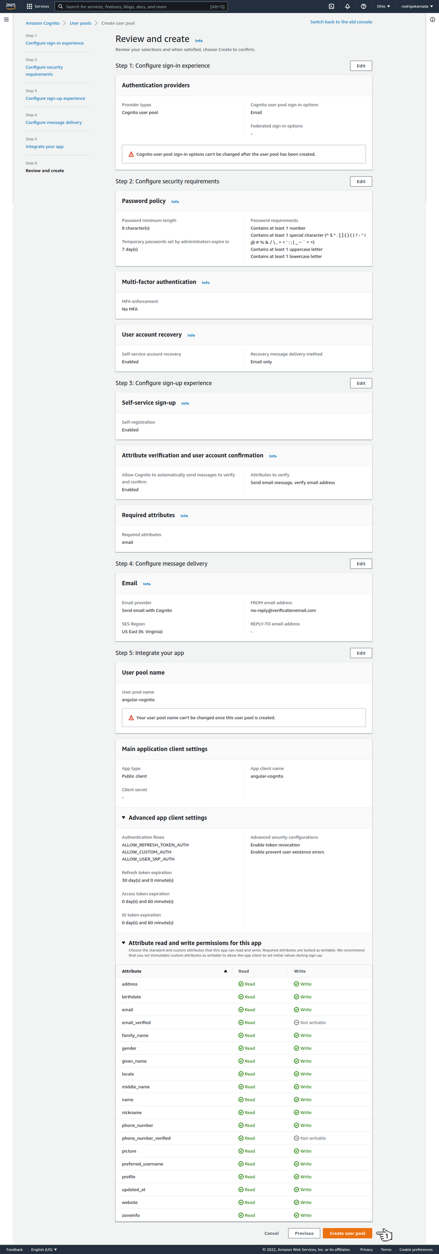 Amazon Cognito - Review and create