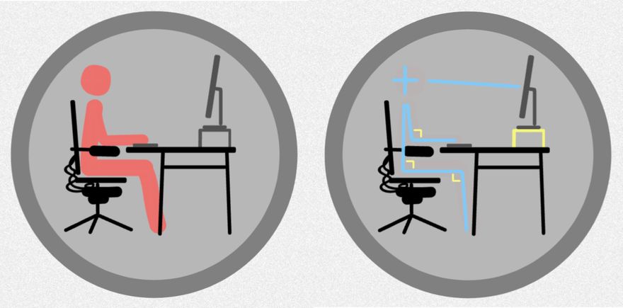 Diagram of proper eye-line for sitting in front of a computer monitor