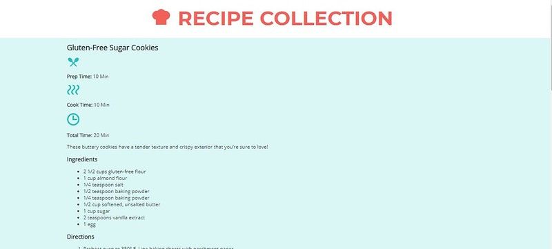 Recipe card website with blue background and icons on the page