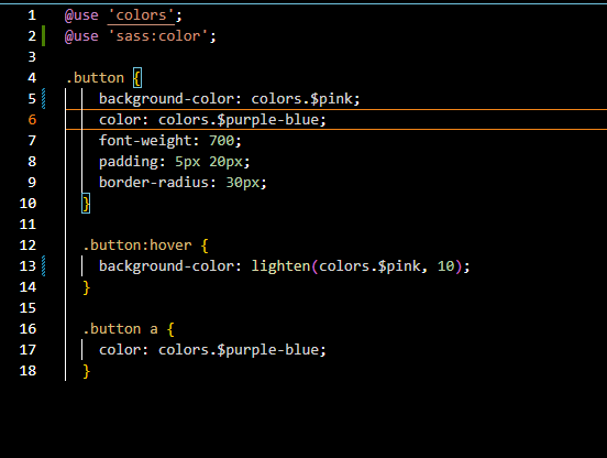Code featuring SASS built-in color module to lighten a variable shade of pink