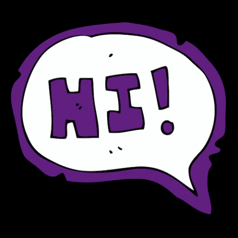 "HI" in a purple and white speech bubble on a black background