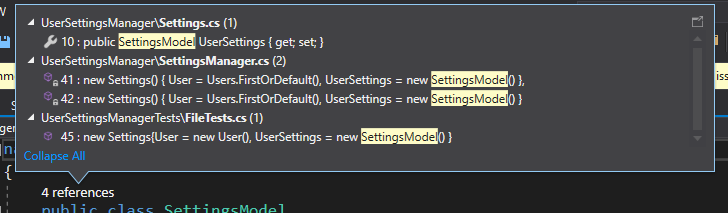 Number of references a model named Settings Model has
