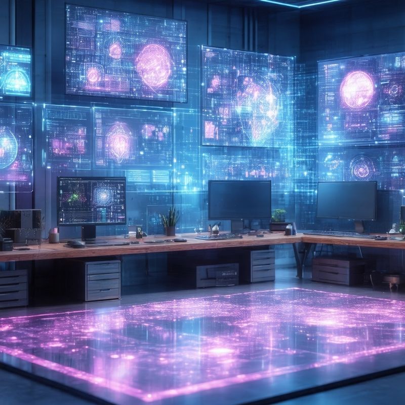Ultra-wide shot of modern workspace planning machi...